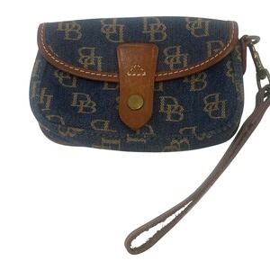 VTG Dooney & Bourke Signature Monogram Blue Denim & Leather Wristlet USA Y2K